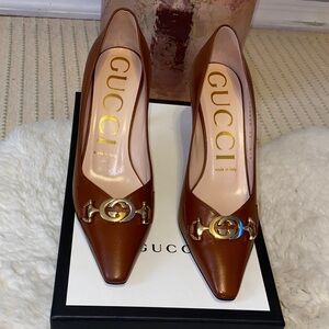 Gucci Brown Leather Heels with GG Horsebit Accents